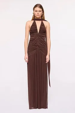 Chloe Halter Mesh Plunge Maxi Dress – Chocolate
