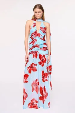 Chloe Floral Halter Mesh Plunge Maxi Dress – Blue Pink