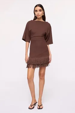 Carmen Cape Sleeve Fringe Hem Mini Dress -Chocolate