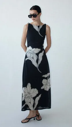 Sketched Floral Mesh Midi Dress
