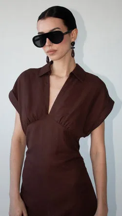 Chocolate Linen Blend Collared Midi Dress