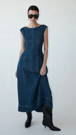 Indigo Chambray Panelled Midi Dress