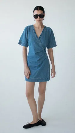 Cotton Denim Wrap Detail Mini Dress