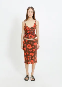 VAN SLIP SKIRT / FRAGILE BLOOMS - CHOCOLATE-POPPY