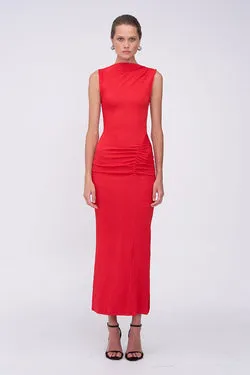 Jacqui Rouched Front Midi Dress  - Red