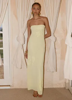 Sassafras Beaded Flower Strapless Maxi Dress - Yellow