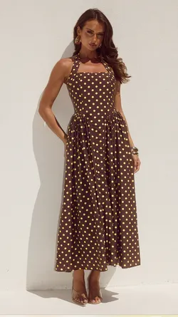 Sammi Halter Midi Dress - Choc/Lemon Polka