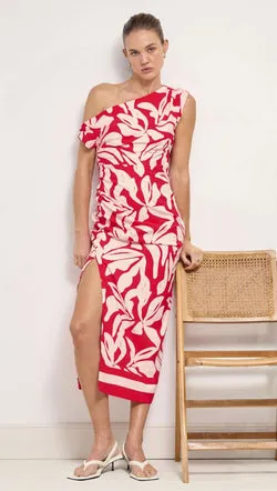 Cotton Blend Red & White Floral Asymmetrical Midi Dress