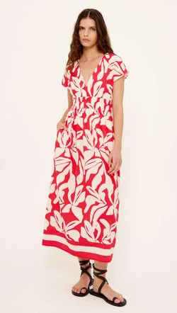 Cotton Blend Red & White Floral Print Shirred Midi Dress