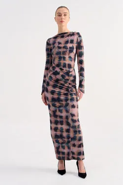 Shibori Long Sleeve Ruched Maxi Dress - Tortoiseshell