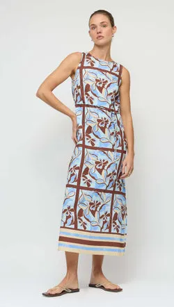 Blue Abstract floral Midi Dress with Tie Waist