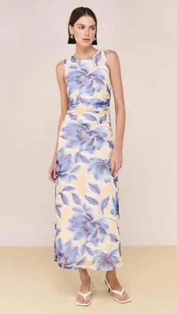 Blue Blurred Floral Mesh Midi Dress
