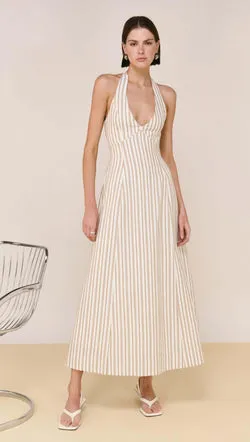 Natural Cotton Blend Stripe V-Neck Halter Midi Dress