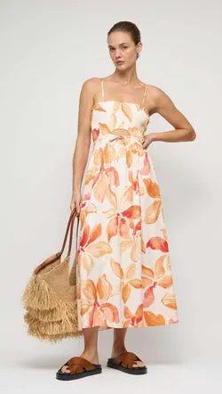 Orange & White Floral Shirred Midi Dress