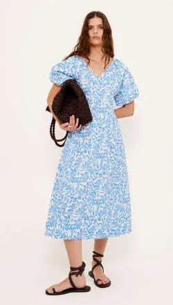 Cotton Blue Leaf Print V-neck Midi Dress