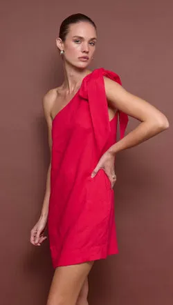 Red Linen Blend One Shoulder Mini Dress