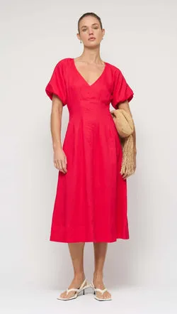 Red Linen Blend v-Neck Midi Dress