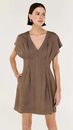 Brown Linen Blend Pleated Mini Dress