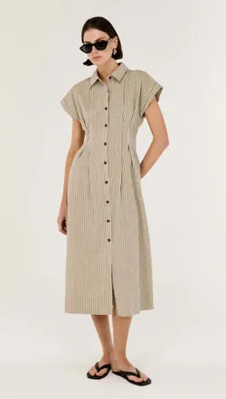 Linen Blend Pinstripe Midi Shirt Dress