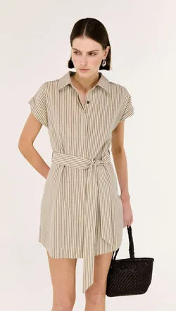 Linen Blend Pinstripe Mini Shirt Dress