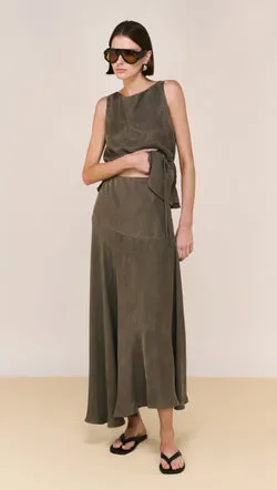 Olive Cupro Asymmetrical Hem Maxi Skirt