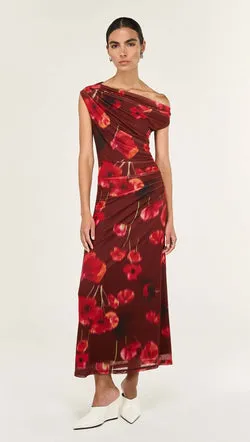 Red Poppy Print Off Shoulder Mesh Midi Dress