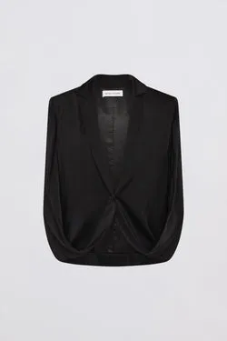 BLACK SATIN SUITING CURRENT CAPE JACKET