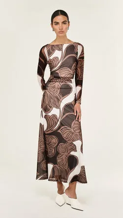 Abstract Leaf Print Mesh Midi Dress