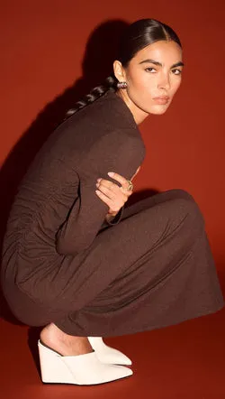 Gather Detail Long Sleeve Midi Dress in Chocolate