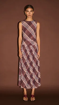 Plaid Mesh Midi Dress with Drop Waist