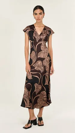 Abstract Leaf Print Bias Cut Midi Dress