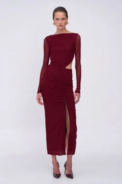 Christy Mesh Ruched Front Maxi Dress - Bordeaux