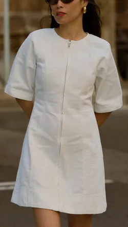 White Denim Mini Dress With Front Zip