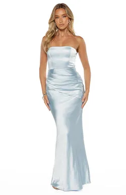 Wren Blue Satin Strapless Maxi Dress
