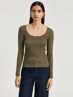 COTTON SILK BLEND SCOOP NECK RIBBED KNIT TOP