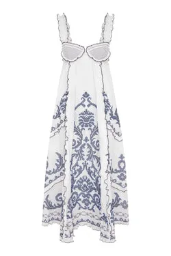 HAZEL SMOCKED EMBROIDERED MIDI DRESS