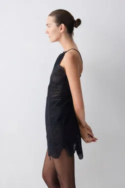 BLACK SCALLOPED LACE FLUX MINI DRESS