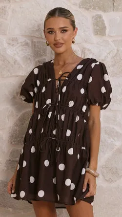 Alina Mini Dress - Chocolate/White Polka