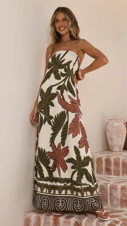 Connie Maxi Dress - Green/Beige Palm