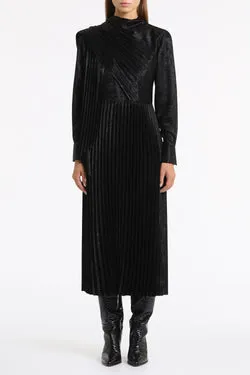 BLACK BURNISHED METALLIC PLISSE DRESS