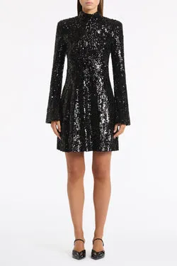 BLACK CASCADE SEQUIN FLUTED MINI DRESS
