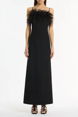 BLACK CREPE FEATHER MAXI DRESS