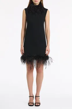 BLACK CREPE FEATHER SHIFT DRESS