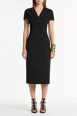 BLACK CREPE FRONT TUCK MIDI DRESS