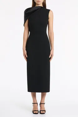 BLACK CREPE SCULPTED ONE SHOULDER MIDI DRESS