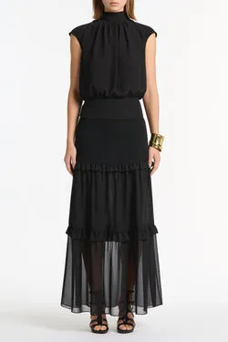 BLACK CREPE TIERED RUFFLE MIDI SKIRT