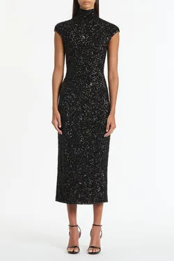 BLACK CRUSHED SEQUIN CAP SLEEVE MIDI DRESS