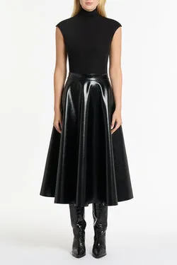 BLACK FAUX LEATHER FLARED SKIRT