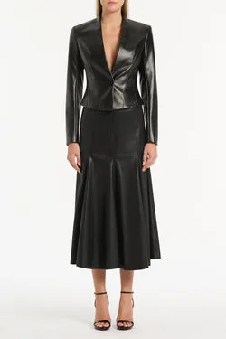 BLACK FAUX LEATHER FLOUNCE SKIRT