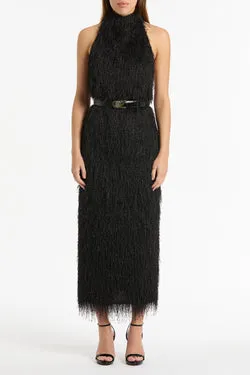 BLACK FRINGE KNIT FITTED DRESS